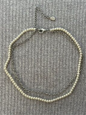 Vintage Cookie Lee signed 2-stranded faux pearl&chain choker adjustable necklace